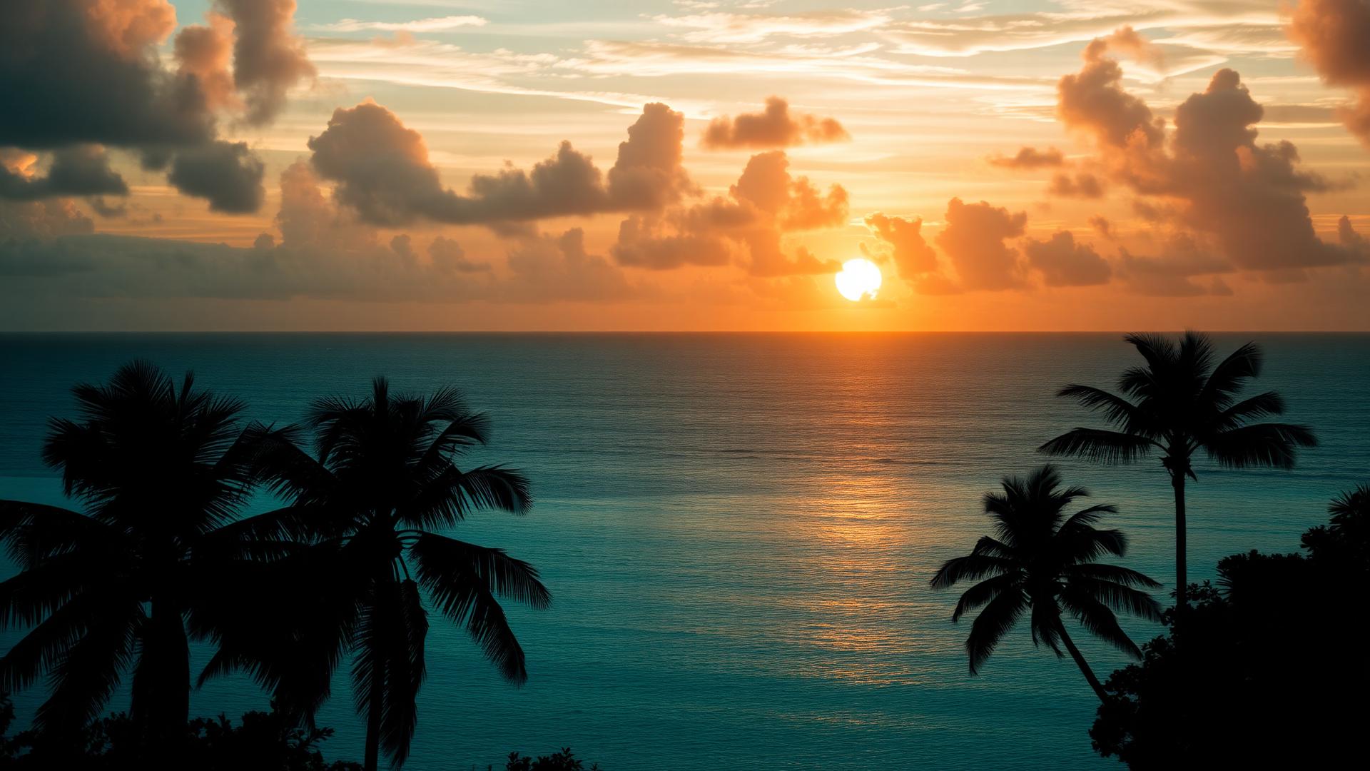 Pacific island sunset with silhouetted palm trees
