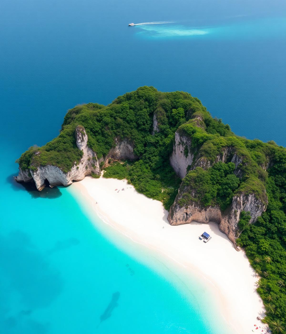 Aerial view of Angaur's turquoise lagoon, white beach and limestone cliffs